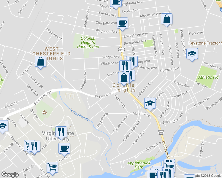 map of restaurants, bars, coffee shops, grocery stores, and more near 468 Battery Place in Colonial Heights