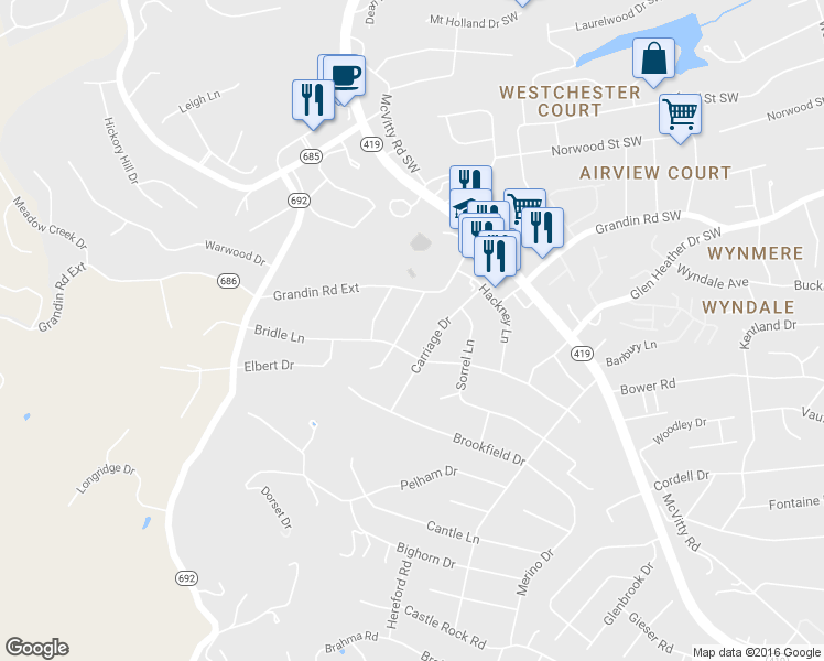 map of restaurants, bars, coffee shops, grocery stores, and more near 5136 Sugar Loaf Drive in Roanoke