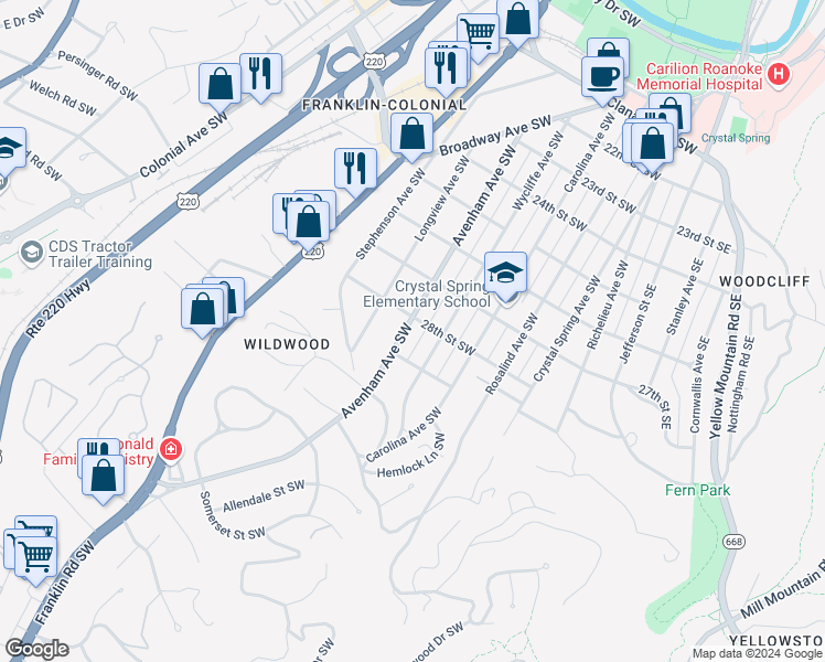 map of restaurants, bars, coffee shops, grocery stores, and more near 2810 Avenham Avenue Southwest in Roanoke