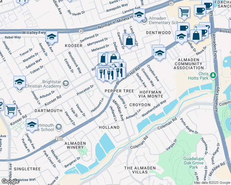 map of restaurants, bars, coffee shops, grocery stores, and more near 5613 Waltrip Lane in San Jose