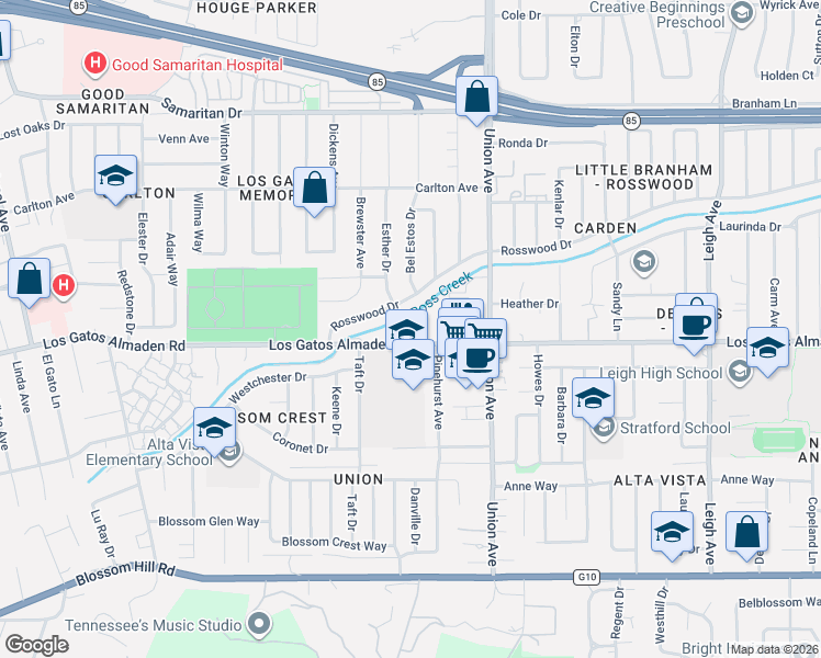 map of restaurants, bars, coffee shops, grocery stores, and more near 2109 Los Gatos Almaden Road in San Jose