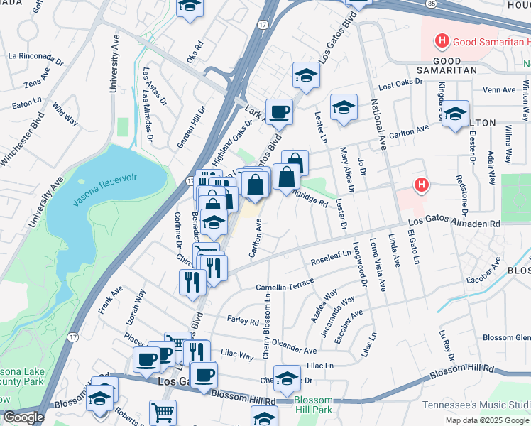 map of restaurants, bars, coffee shops, grocery stores, and more near 144 Carlton Avenue in Los Gatos