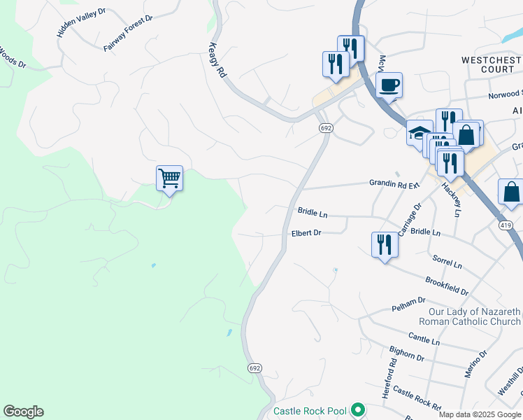 map of restaurants, bars, coffee shops, grocery stores, and more near 1708 Bridle Lane in Roanoke