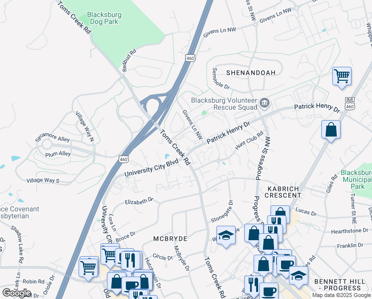 map of restaurants, bars, coffee shops, grocery stores, and more near 1720 Patrick Henry Drive in Blacksburg