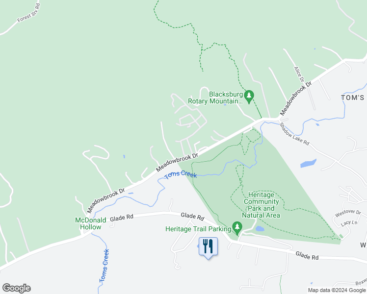 map of restaurants, bars, coffee shops, grocery stores, and more near 3112 Meadowbrook Drive in Blacksburg
