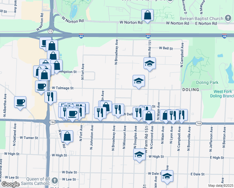 map of restaurants, bars, coffee shops, grocery stores, and more near 2534 North Broadway Avenue in Springfield