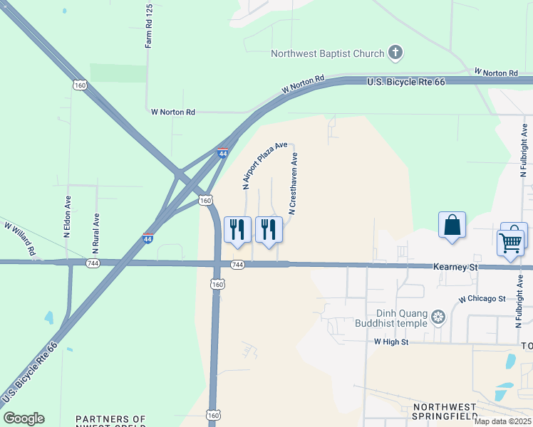 map of restaurants, bars, coffee shops, grocery stores, and more near 2601 North Cresthaven Avenue in Springfield