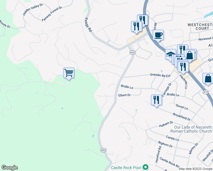map of restaurants, bars, coffee shops, grocery stores, and more near 1708 Bridle Lane in Roanoke