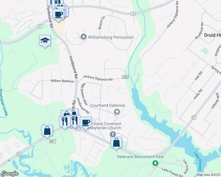 map of restaurants, bars, coffee shops, grocery stores, and more near 304 Mill Stream Way in Williamsburg