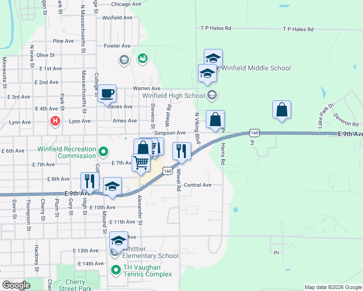 map of restaurants, bars, coffee shops, grocery stores, and more near 2020 East 9th Avenue in Winfield