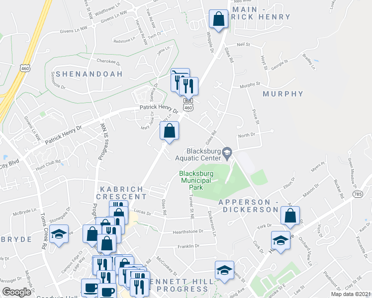 map of restaurants, bars, coffee shops, grocery stores, and more near 208 Heights Lane in Blacksburg