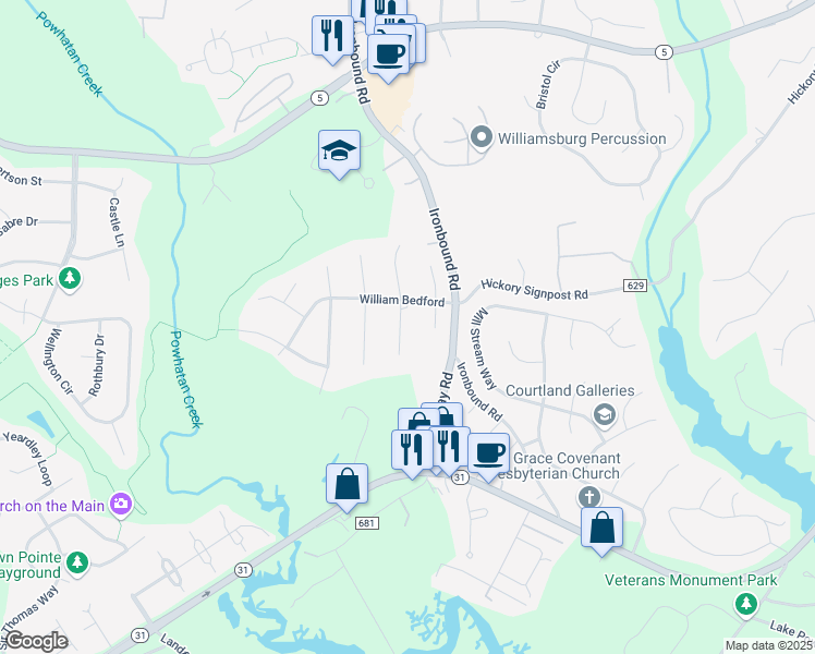 map of restaurants, bars, coffee shops, grocery stores, and more near 2905 South Richard Pace in Williamsburg