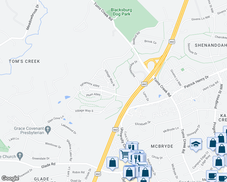 map of restaurants, bars, coffee shops, grocery stores, and more near 1600 Honeysuckle Drive in Blacksburg