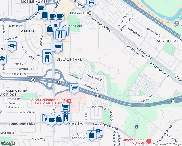 map of restaurants, bars, coffee shops, grocery stores, and more near 6020 Golden Vista Drive in San Jose
