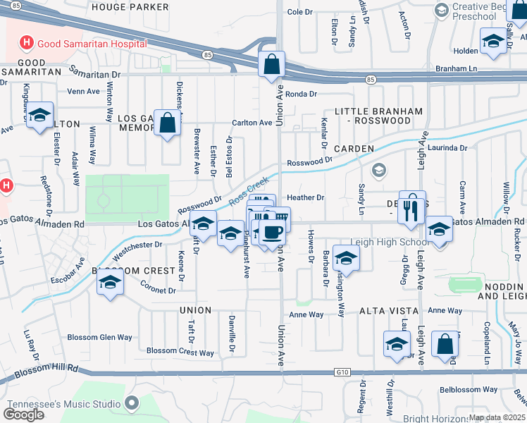 map of restaurants, bars, coffee shops, grocery stores, and more near 5222 Adalina Court in San Jose