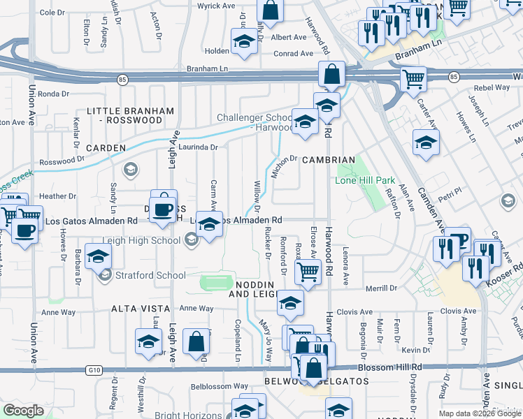 map of restaurants, bars, coffee shops, grocery stores, and more near 15480 Willow Drive in Los Gatos