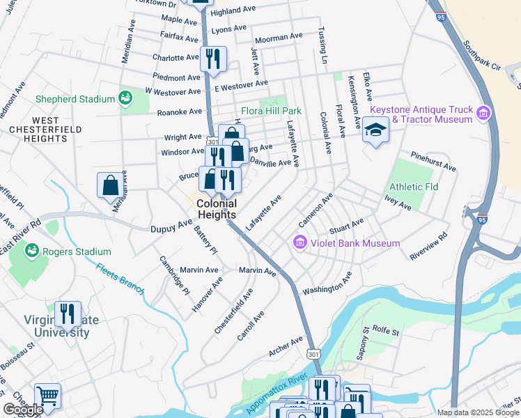 map of restaurants, bars, coffee shops, grocery stores, and more near 206 Lafayette Avenue in Colonial Heights