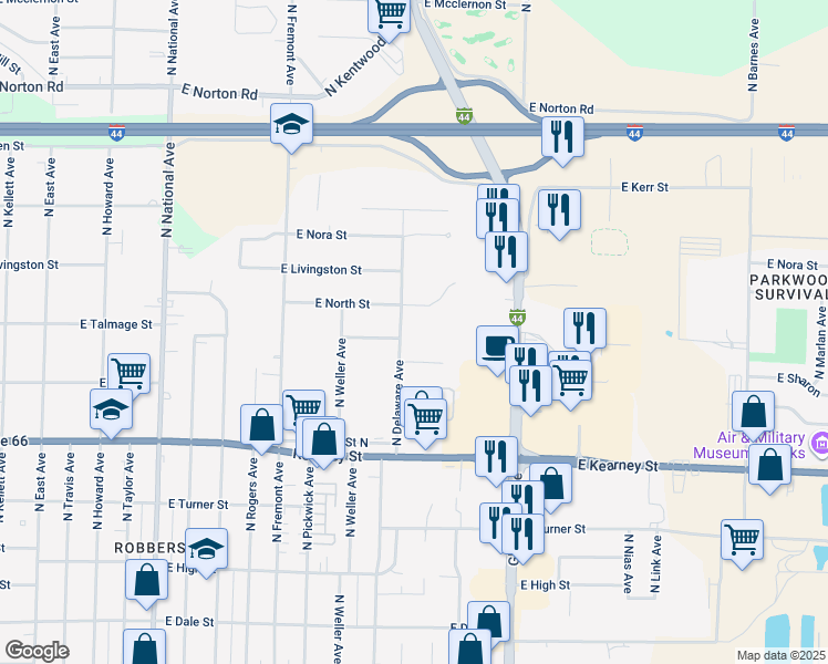 map of restaurants, bars, coffee shops, grocery stores, and more near 2553 North Delaware Avenue in Springfield