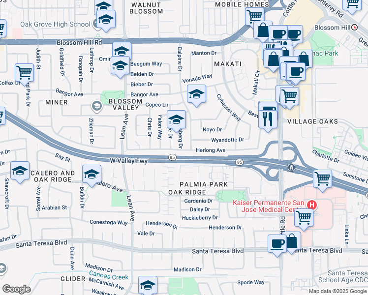 map of restaurants, bars, coffee shops, grocery stores, and more near 5898 Ettersberg Drive in San Jose