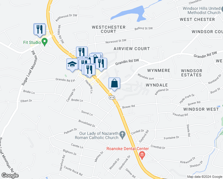 map of restaurants, bars, coffee shops, grocery stores, and more near 4927 Glen Heather Drive in Cave Spring