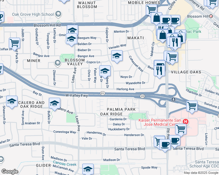 map of restaurants, bars, coffee shops, grocery stores, and more near 5898 Ettersberg Drive in San Jose