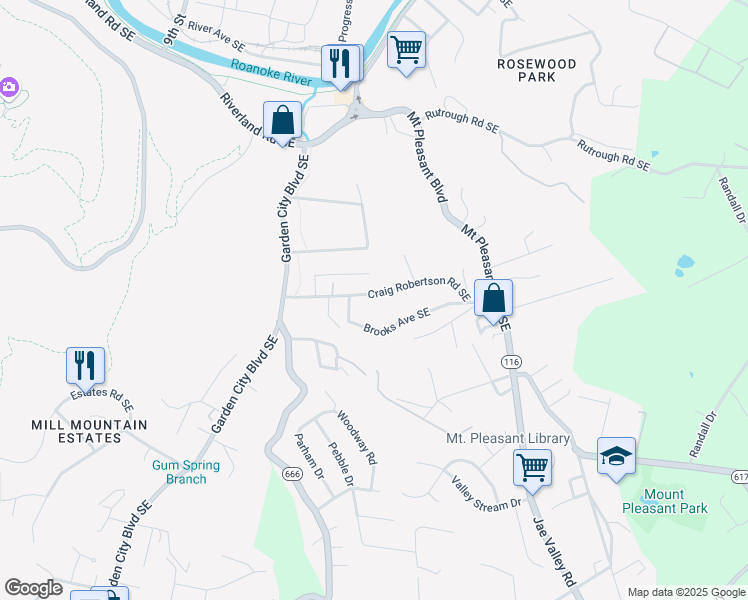 map of restaurants, bars, coffee shops, grocery stores, and more near 1387 Craig Robertson Road Southeast in Roanoke
