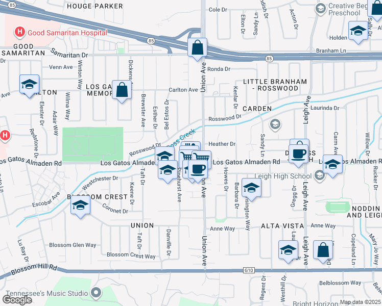 map of restaurants, bars, coffee shops, grocery stores, and more near 5222 Adalina Court in San Jose