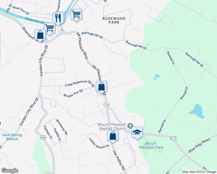 map of restaurants, bars, coffee shops, grocery stores, and more near 1507 Rosewalk in Roanoke