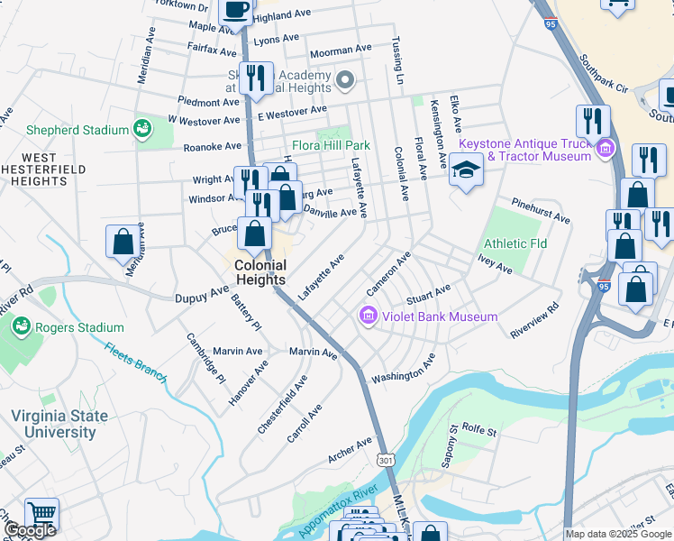 map of restaurants, bars, coffee shops, grocery stores, and more near 219 Lafayette Avenue in Colonial Heights