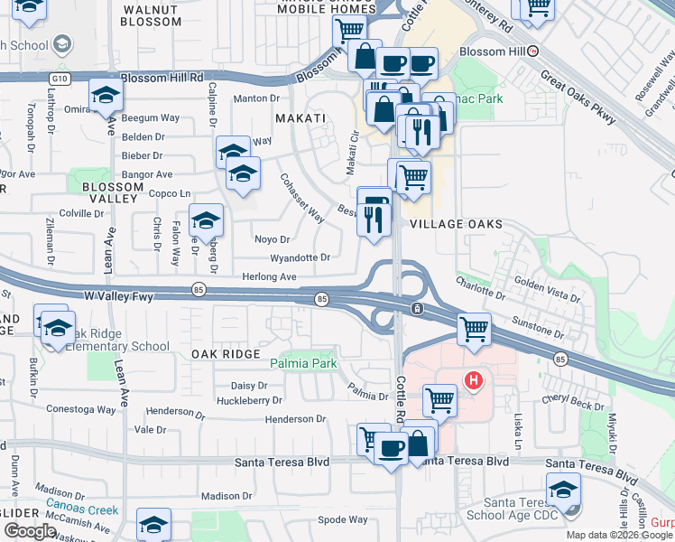 map of restaurants, bars, coffee shops, grocery stores, and more near 168 Herlong Avenue in San Jose