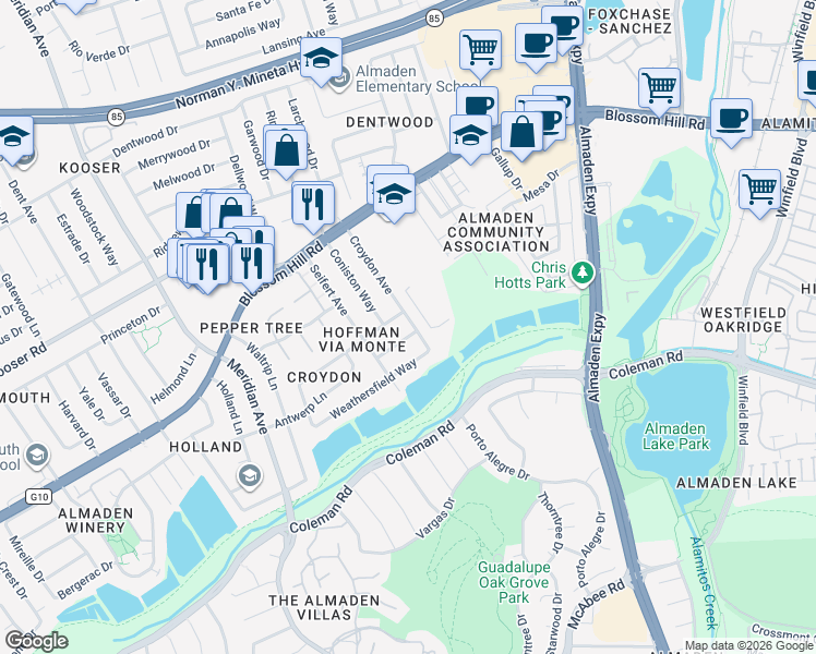 map of restaurants, bars, coffee shops, grocery stores, and more near 1248 Dorchester Lane in San Jose