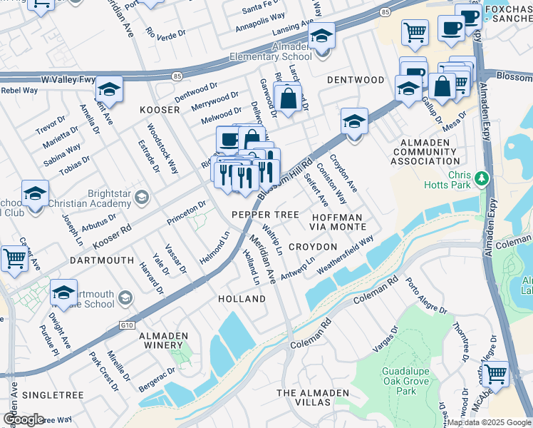 map of restaurants, bars, coffee shops, grocery stores, and more near 5613 Waltrip Lane in San Jose