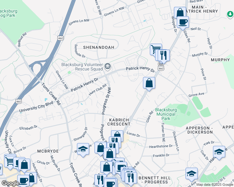 map of restaurants, bars, coffee shops, grocery stores, and more near 1204 University Terrace in Blacksburg