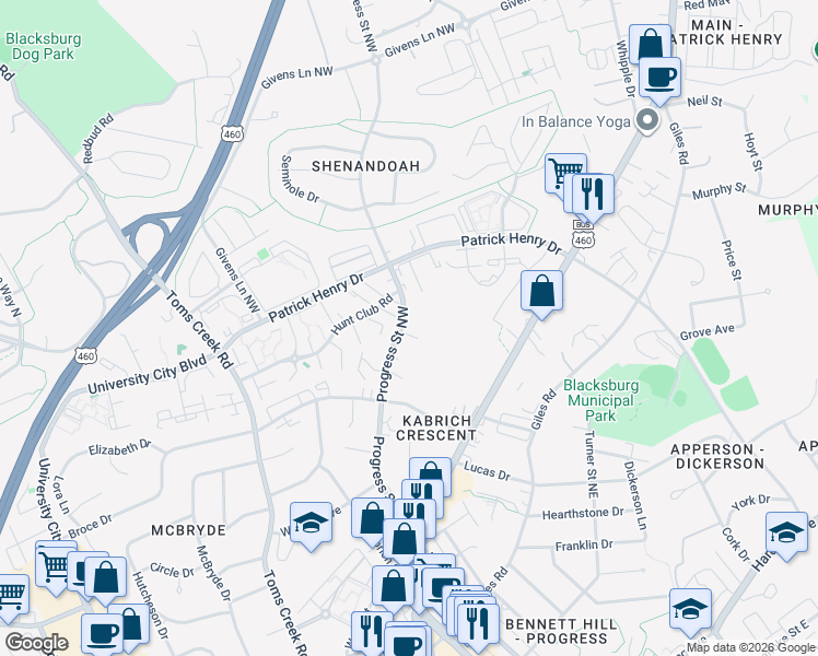 map of restaurants, bars, coffee shops, grocery stores, and more near 1204 University Terrace in Blacksburg