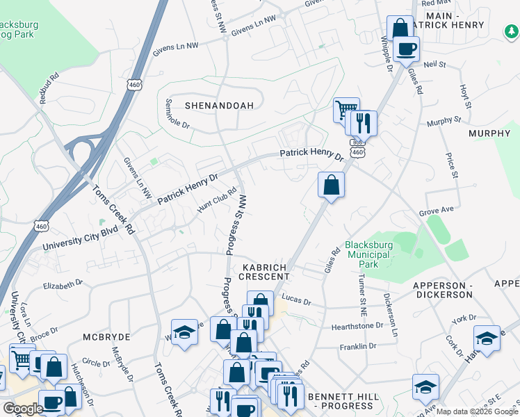 map of restaurants, bars, coffee shops, grocery stores, and more near 1206 University Terrace in Blacksburg