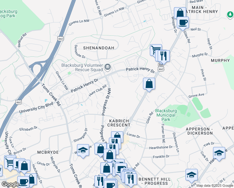 map of restaurants, bars, coffee shops, grocery stores, and more near 1204 University Terrace in Blacksburg