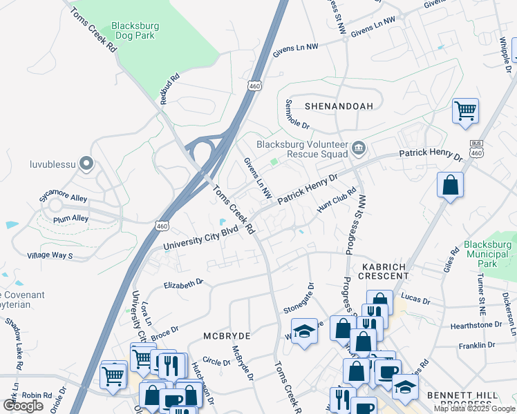 map of restaurants, bars, coffee shops, grocery stores, and more near 501 Sunridge Drive in Blacksburg