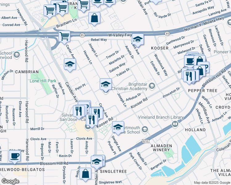 map of restaurants, bars, coffee shops, grocery stores, and more near 5307 Joseph Lane in San Jose