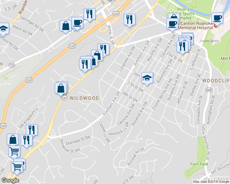 map of restaurants, bars, coffee shops, grocery stores, and more near 2809 Avenham Avenue Southwest in Roanoke