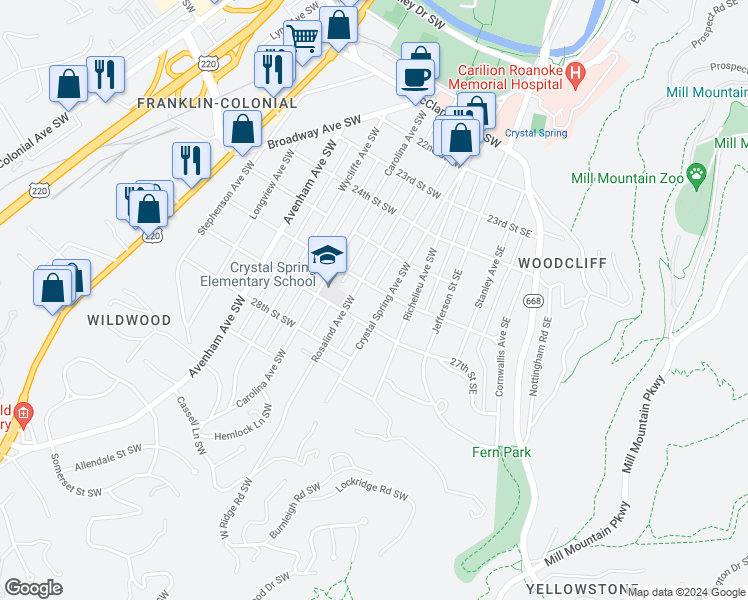 map of restaurants, bars, coffee shops, grocery stores, and more near 2611 Crystal Spring Avenue Southwest in Roanoke