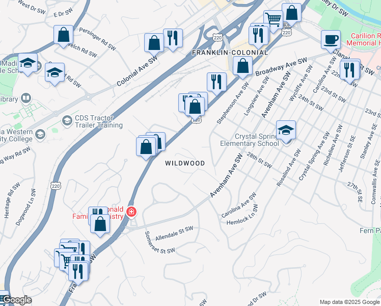 map of restaurants, bars, coffee shops, grocery stores, and more near 835 Woods End Lane in Roanoke