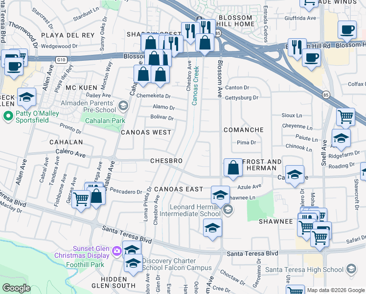 map of restaurants, bars, coffee shops, grocery stores, and more near 5850 Chesbro Avenue in San Jose