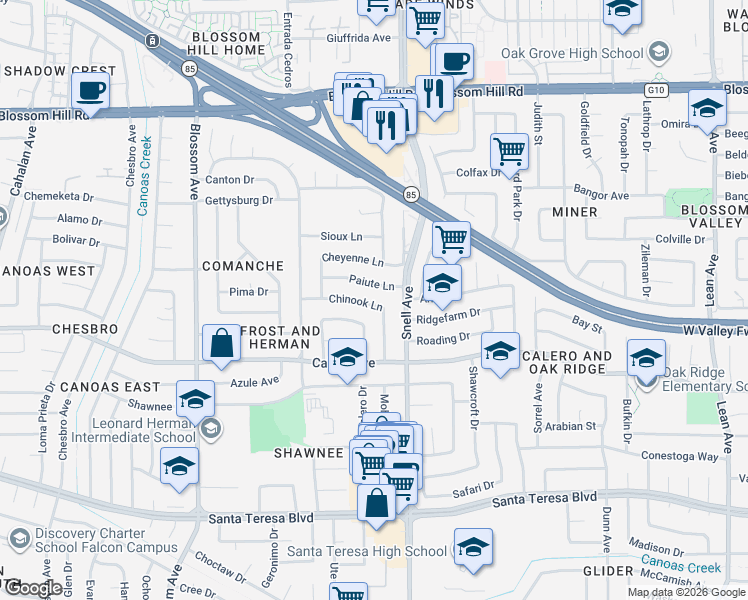 map of restaurants, bars, coffee shops, grocery stores, and more near 479 Chinook Lane in San Jose