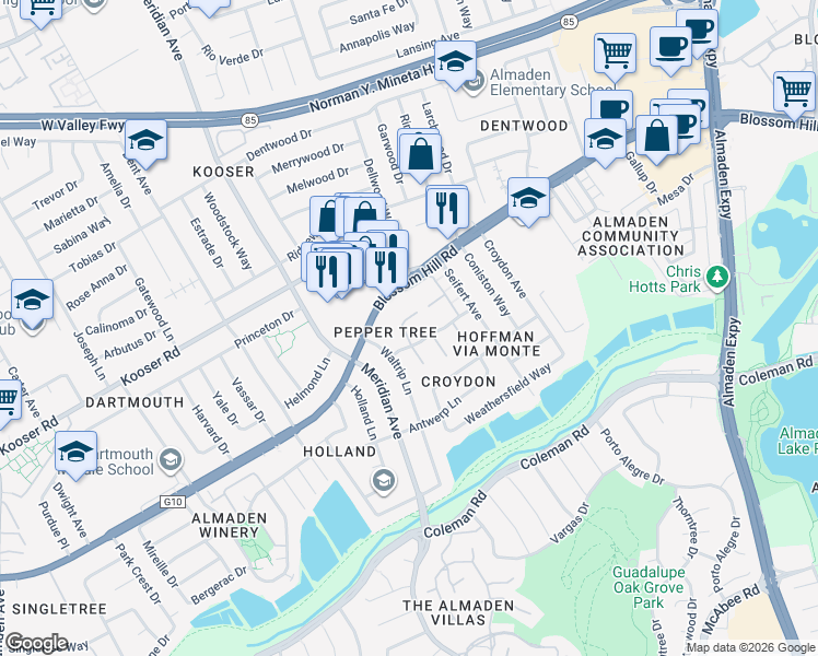 map of restaurants, bars, coffee shops, grocery stores, and more near 5676 Hollyleaf Lane in San Jose