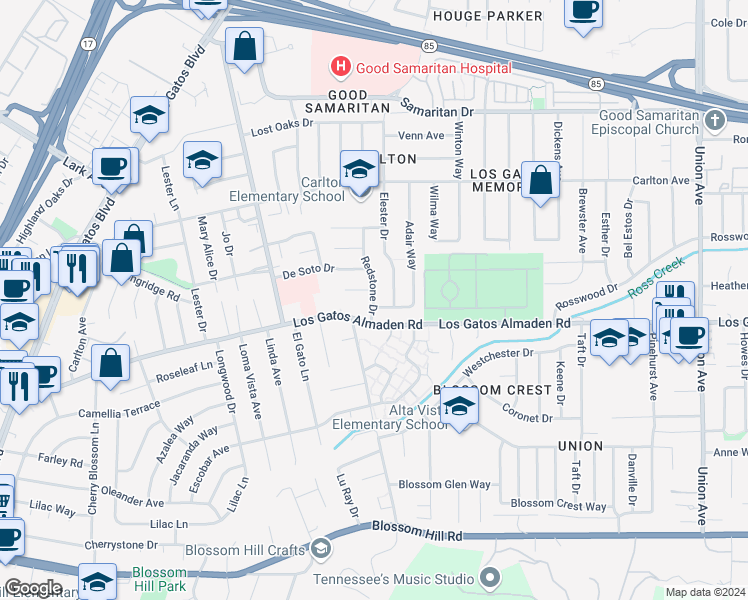 map of restaurants, bars, coffee shops, grocery stores, and more near 5193 Redstone Drive in San Jose