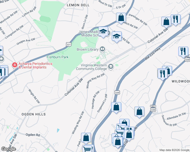 map of restaurants, bars, coffee shops, grocery stores, and more near 3542 Winding Way Road Southwest in Roanoke