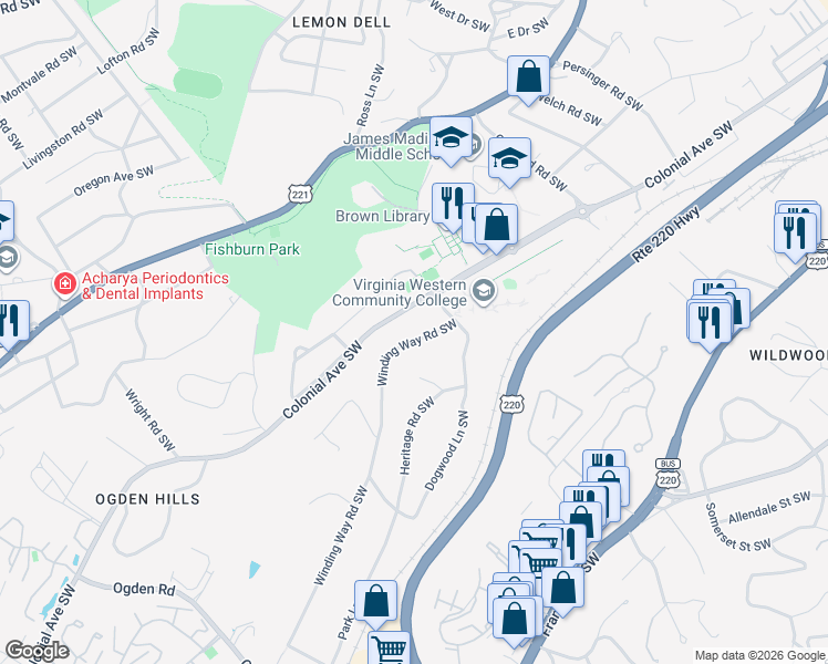 map of restaurants, bars, coffee shops, grocery stores, and more near 3542 Winding Way Road Southwest in Roanoke