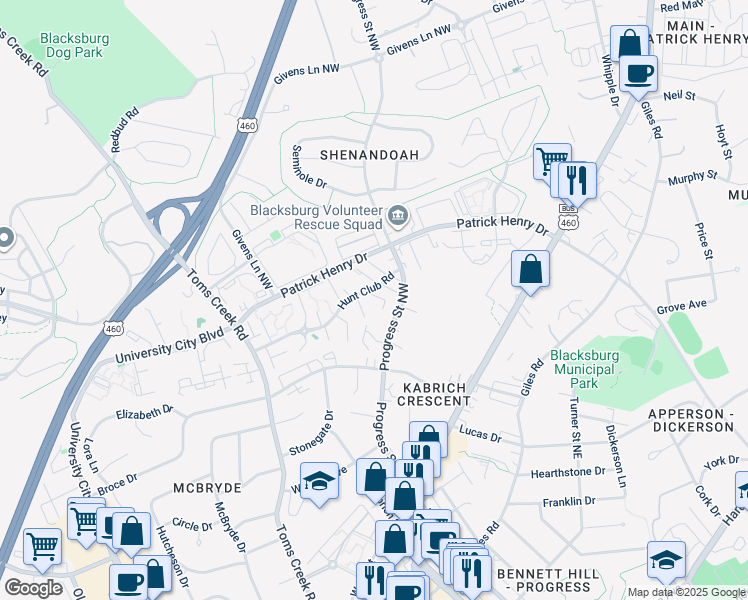 map of restaurants, bars, coffee shops, grocery stores, and more near 311 Hunt Club Road in Blacksburg