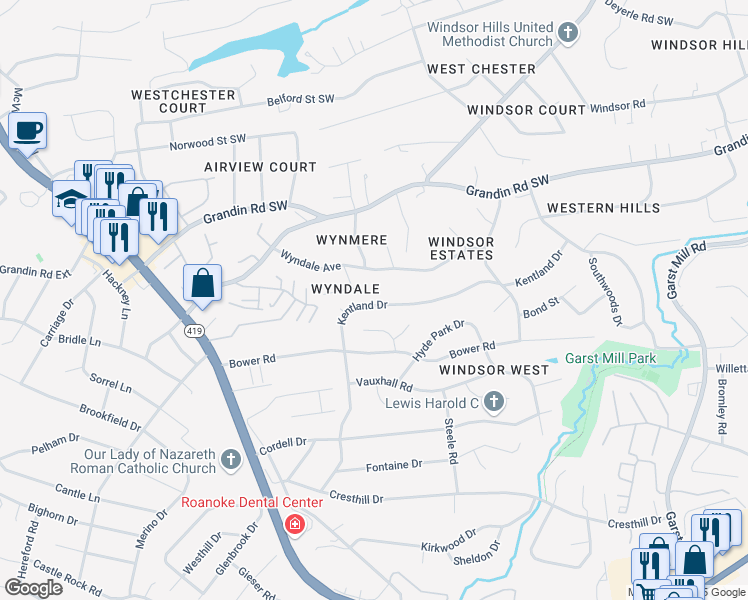 map of restaurants, bars, coffee shops, grocery stores, and more near 3845 Kentland Drive in Cave Spring