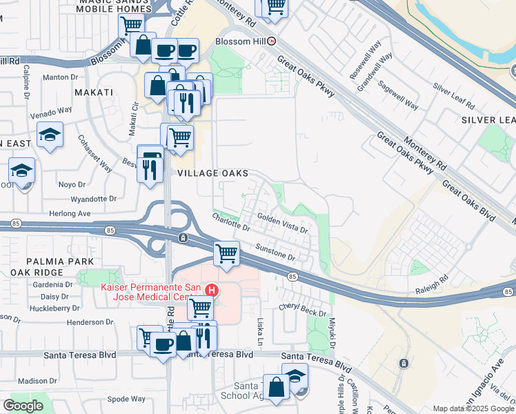map of restaurants, bars, coffee shops, grocery stores, and more near 5959 Gemwood Loop in San Jose